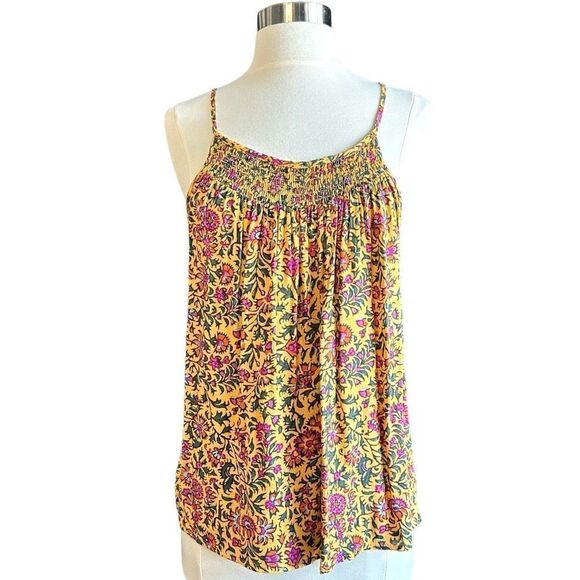 NWT Cynthia Rowley Smocked Pleated Floral Halter Keyhole Blouse Mustard Pink - Picture 1 of 5